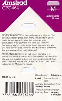 Mordon's Quest (UK) (1985) box cover back